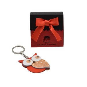 Bomboniera laurea scatolina con portachiavi gufo rosso in legno