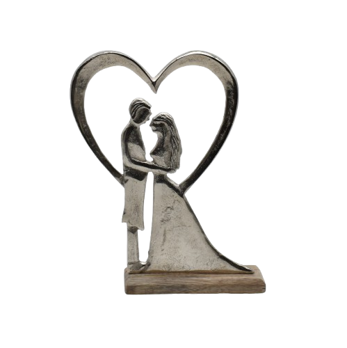 Coppia sposi con cuore in metallo e base in legno