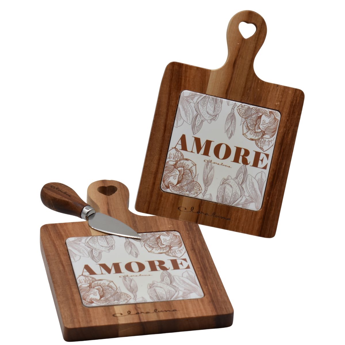 Bomboniere Claraluna tagliere in legno e ceramica con decoro floreale e scritta Amore