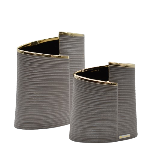 Vasi in ceramica con dettagli oro interno dorato con effetto rigato sabbia grigio all'esterno