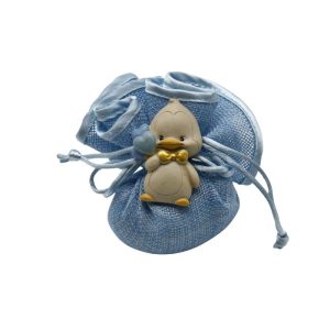 Sacchetto azzurro nascita battesimo con calamita pinguino