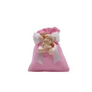 Sacchetto porta confetti rosa battesimo con bimba calamita
