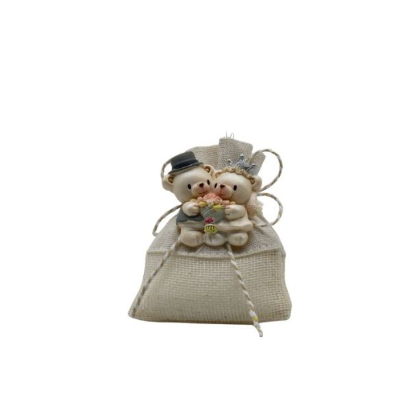 Sacchetto porta confetti in iuta con sposi calamita