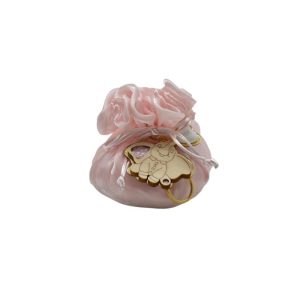 Sacchetto porta confetti rosa in raso con portachiavi elefante