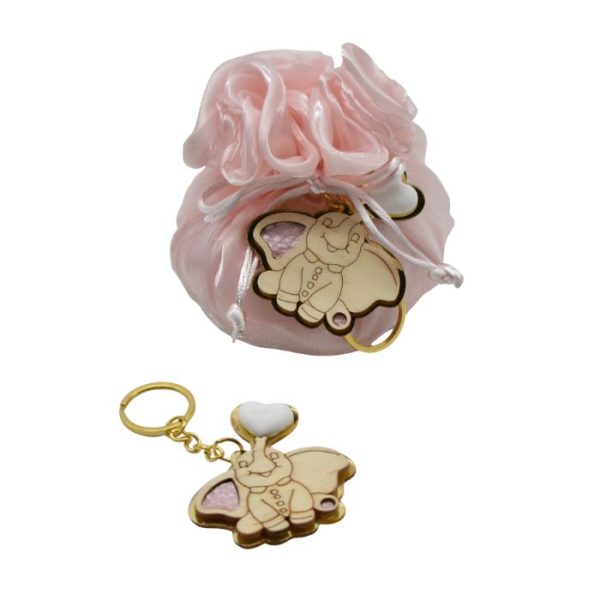 Sacchetto porta confetti rosa in raso con portachiavi elefante - immagine 2